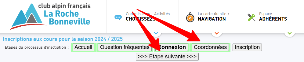 Interface montrant le bouton Étape suivante ou Coordonnées à cliquer