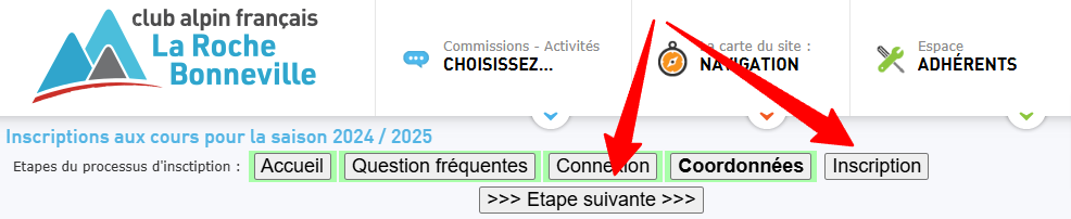 Interface de sélection de la personne à inscrire avec boutons de navigation