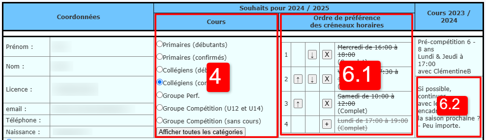 Interface de sélection des cours avec les différentes options disponibles